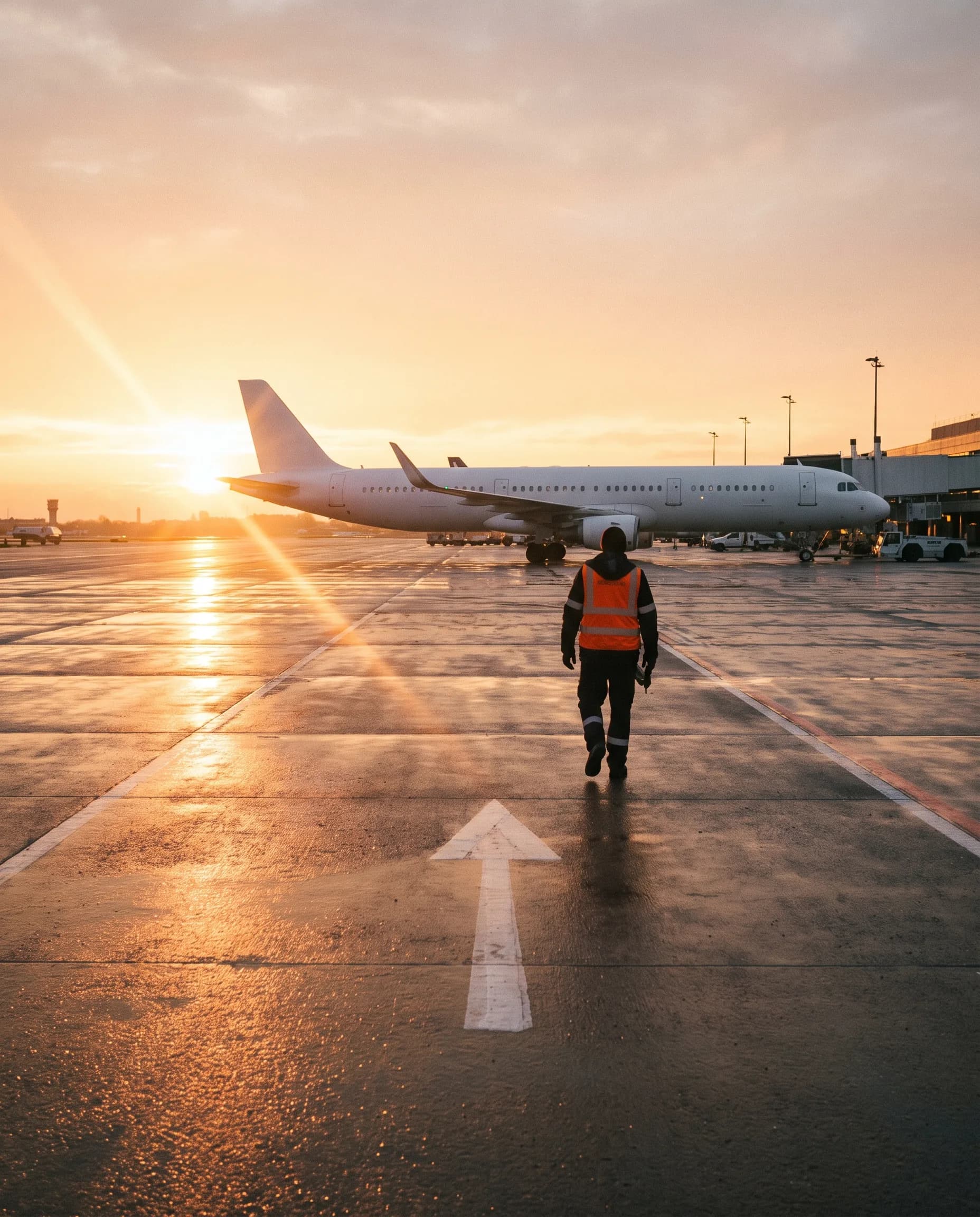 Agent de piste marchant vers un avion sur le tarmac au lever du soleil