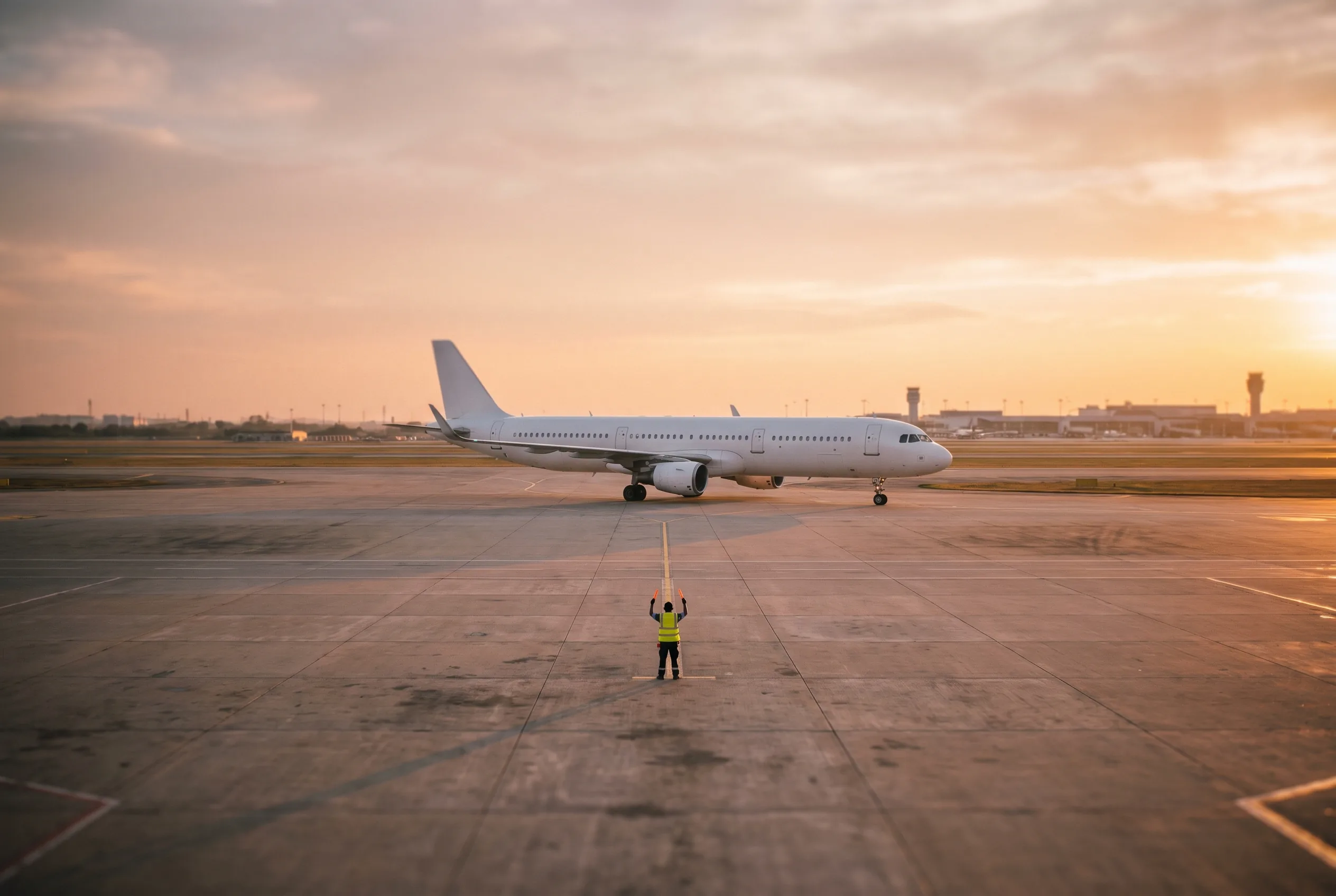 Agent de piste guidant un avion sur le tarmac