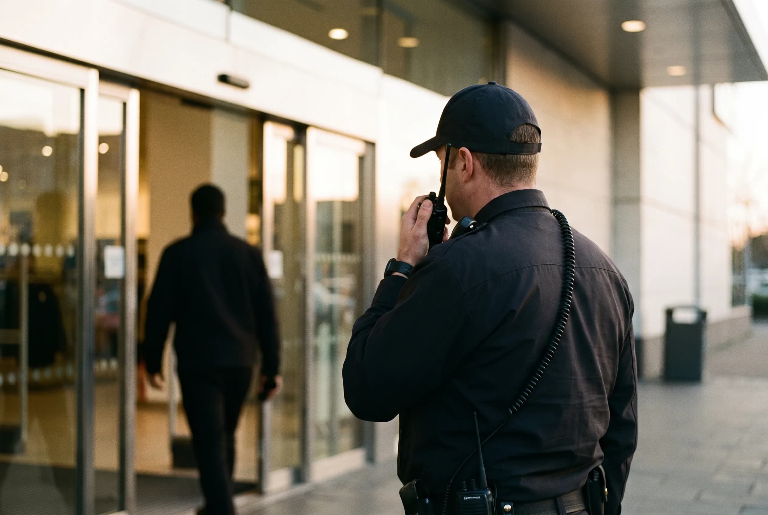 Agent de sécurité contrôlant l'accès à l'entrée d'un magasin