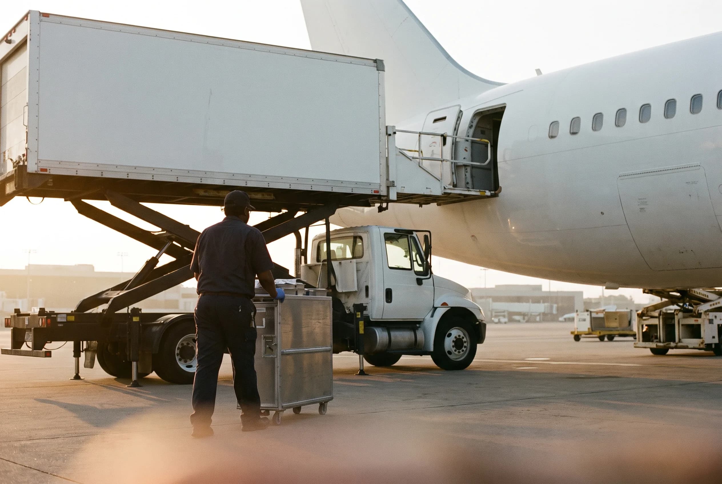 Chargement de chariots-repas dans un avion depuis un camion de catering