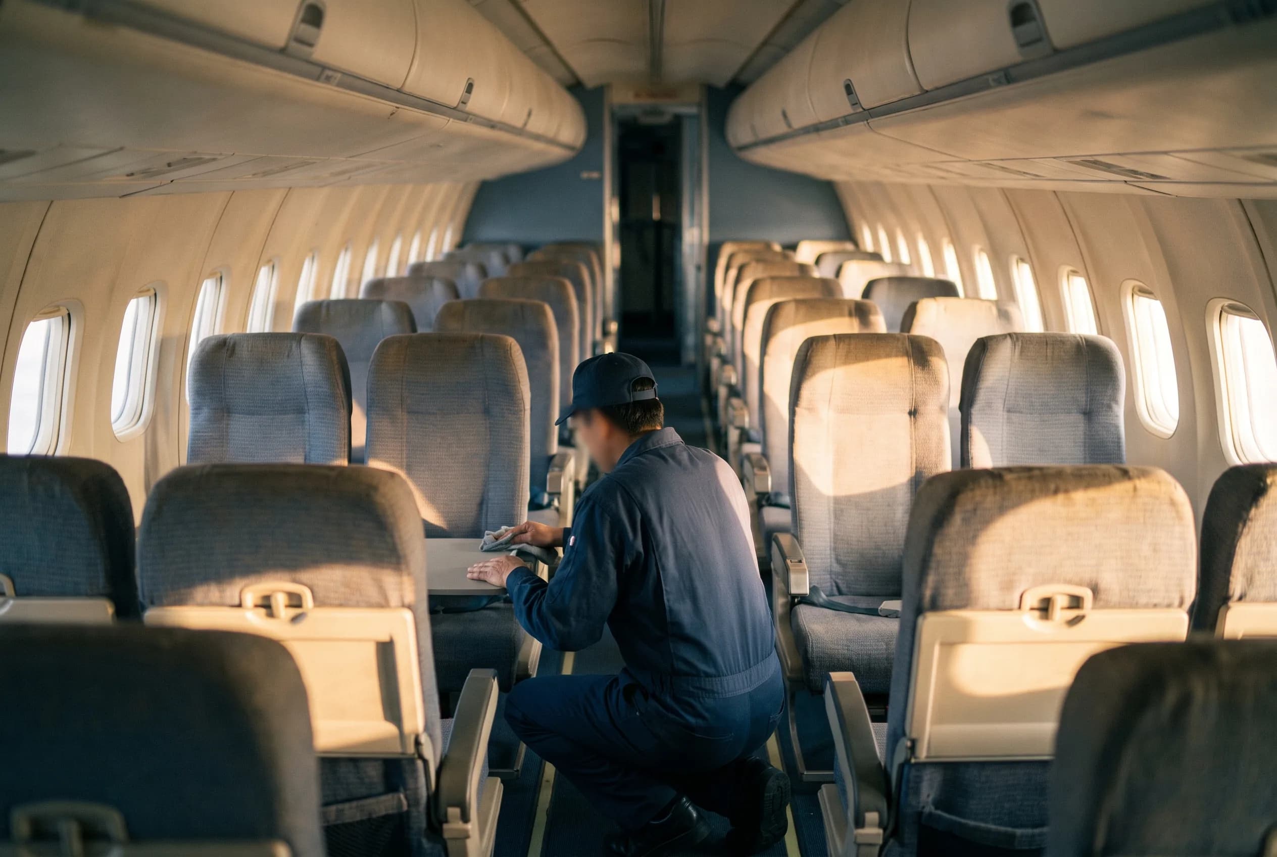 Agent d'entretien nettoyant la cabine d'un avion entre deux vols